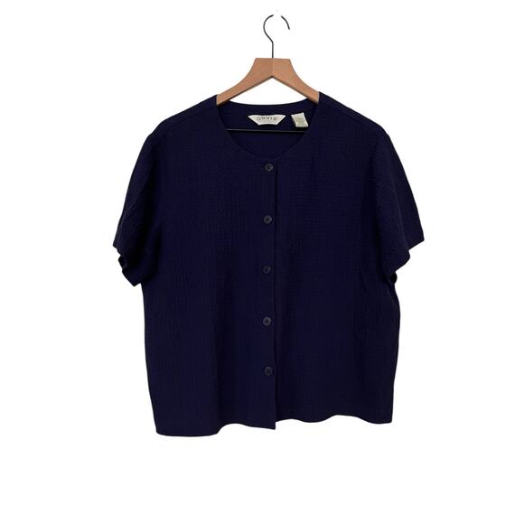 Orvis Womens Short Sleeve Button Front Blouse Navy Blue Size Large - Picture 1 of 3